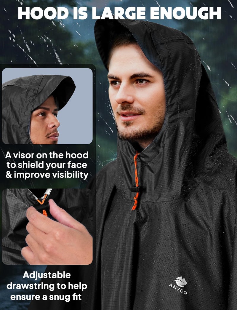 ANYOO Hooded Rain Poncho for Adults Waterproof Lightweight Rain Coats for Men Women Reusable Rain Jacket for Emergency Camping Outdoor Activities (Black) One Size - Image 4